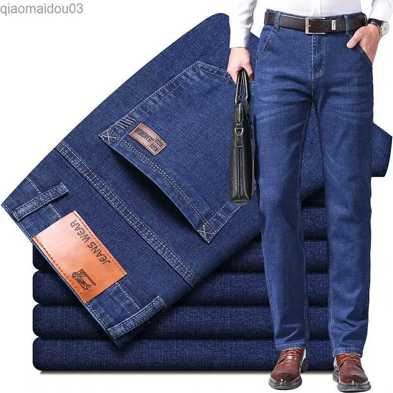 Jeans masculinos jeans jeans regulares adequados para negócios retos de cor casual de cor sólida de alta qualidade calças de tamanho All Seasonsl2404