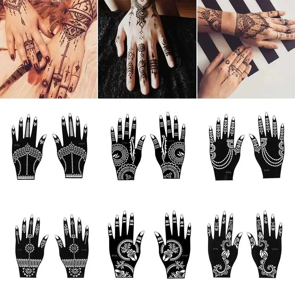 Y5AZ Tattoo Transfer 1 par henna tatuering stencil tillfällig hand tatuering kroppskonst klistermärke mall indisk bröllop målning henna kit verktyg 240427