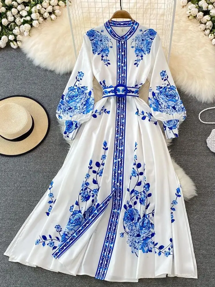 blue and white porcelain dress Halter Top Blue & White Porcelain Pattern Chinese Style Evening Dress Blue / 6XL