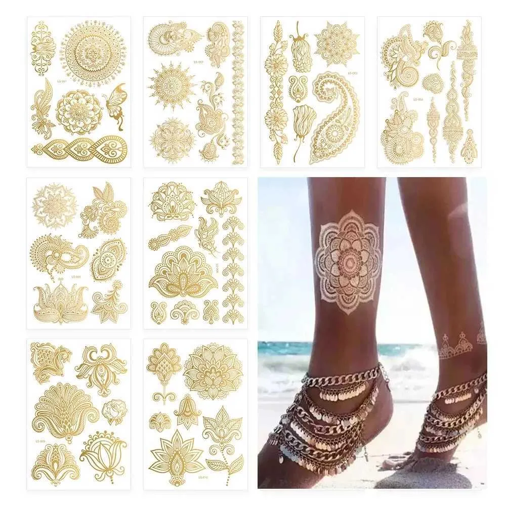 Tatuering Överföring Tillfällig vattentät spetsblomma Tatuering Sticker Mandala Lace Långvarig glitter guld brud bröllop kroppskonstdekorationer 240427