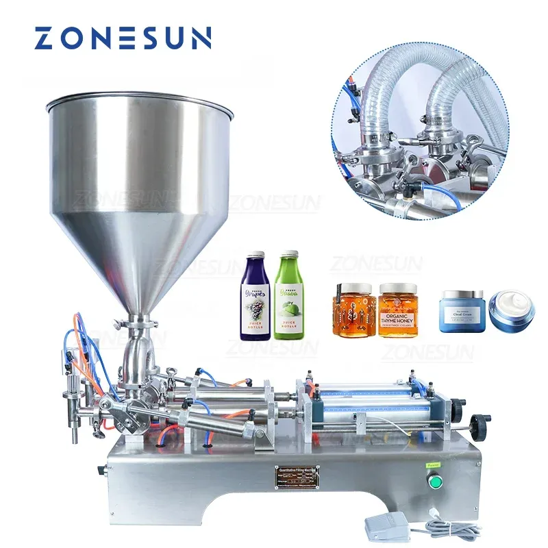 Zonesun semi-automático bicos duplos pasta líquido creme de mel mel suco de suco de recheio máquina de preenchimento de óleo pneumático Filler ZS-GY2