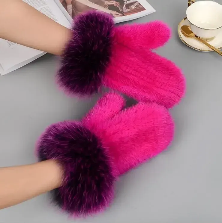 8 Colors Fashion Warm Real Genuine Knitted Mink Fur Gloves With Fox Fur Cuff Trim Women Winter Mittens