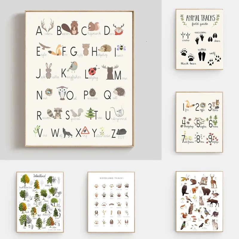 Woodland Animals Educatieve poster Dieralfabet Nummers Print Tree Natuurlijke illustratie Canvas schilderij Schilderschap Kinderdagwand Wall Decor 240426