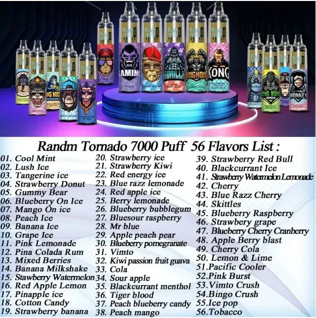 Оригинальный Randm E Cigarette Kit Tornado 7000 Puffs Ondesable Vape Pen Kit Электронные сигареты 14 мл катушки стручков 6 светящихся цветов с регулируемым воздухом 0% 2% 3% 5% Fumot 7k