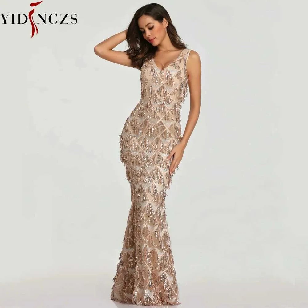 Runway Dresses YIDINGZS 2023 V-neck Tassel Slveless Evening Dress Women Sexy Dress Party Maxi Dress Long Prom Dress Y240426