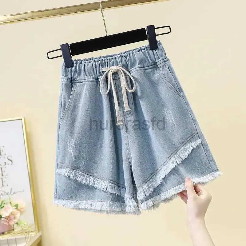 Damesshorts Vintage Lacing Onregelmatige shorts Zomer Nieuwe elastische taille Solid kleur losse jeugd breedbeenbroek Casual mode Vrouwen kleding D240426