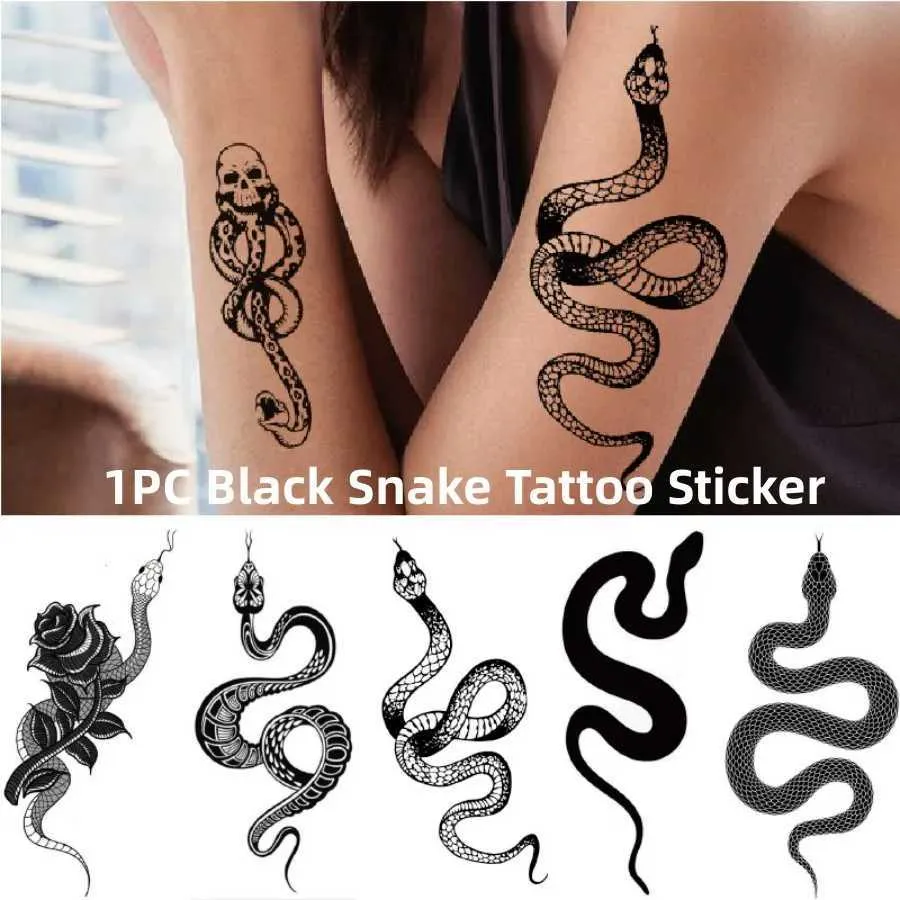 Tatuaż transfer 1pc wąż fałszywy tatuaż ciemny fala chłodne ramię kwiatowe czarne mamba martwy mężczyzna węża czaszka jednorodna wodoodporna tatuaż naklejki 240426