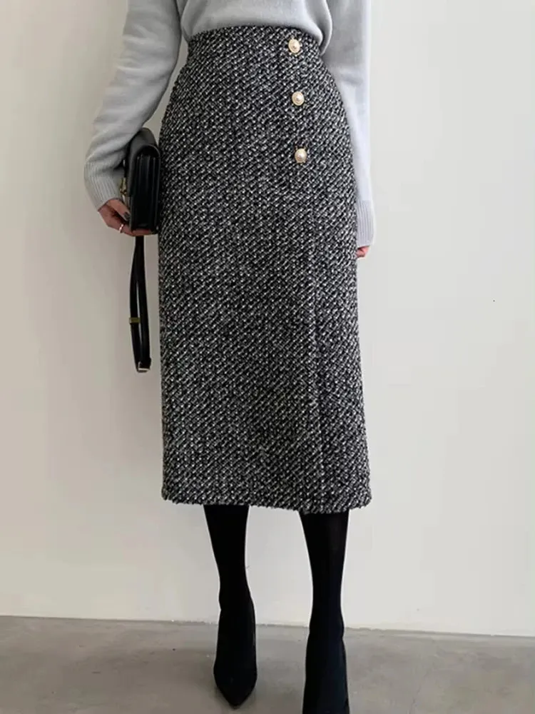 Chic High-Waisted Tweed Maxi skirts for women with Button
