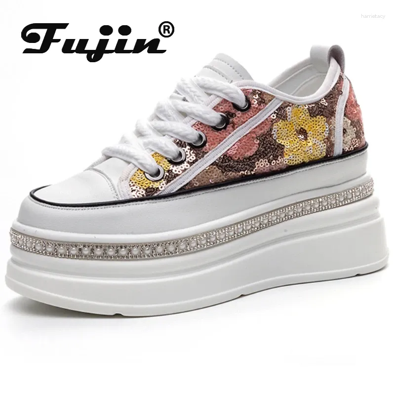 Casual Shoes Fujin 8cm Synthetic Air Mesh Platform Wedge Flats Bling Leather 2024 Comfy High Brand Summer Fashion Chunky Sneaker
