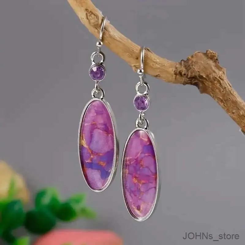 Dangle Chandelier Exquisite Oval Silver Color Earrings for Women Boho Handmade Metal Inlaid Purple Stone Dangle Earrings Jewelry Gift