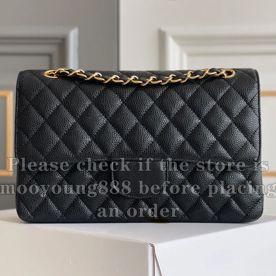 12A Upgrade Spiegelqualität mittelgroße Doppelklappenbeutel 25 cm Designerin echter Leder Kaviar Lambungsbeutel Klassische schwarze Witzbetasche Handtasche Schulter Gold Kettenbox -Tasche