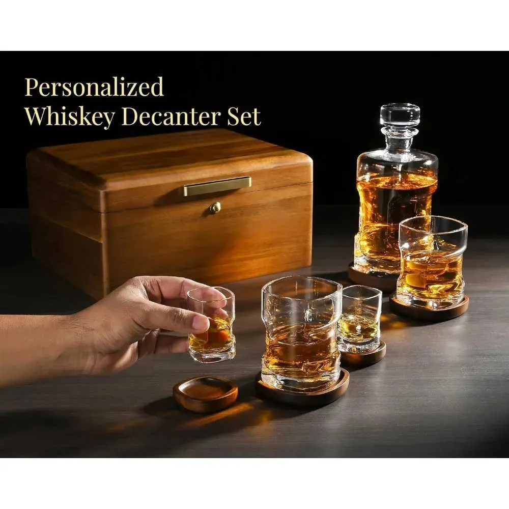 Barwerkzeuge Whisky Desinfektionsmittel Set mit Acacia Storage Box Whisky Gläsern Schnappschuss Brillen Holzgetränk Coaster Valentinstag Geschenk 240426