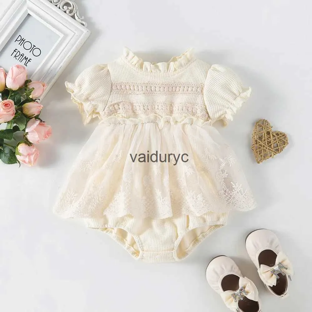 Rompers Summer Baby Clothes Toddler Girls One Piece Spädbarn Waffle Bodysuit Girls Lace Outfit H240509