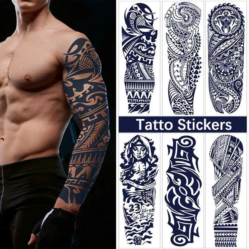 Tattoo Transfer 1Sheet Full Arm Temporary Tattoos Large Totem Tribal Big Sleeve Tattoo Sticker Body Art Sexy Dragon Tattoo Designs Men 240426
