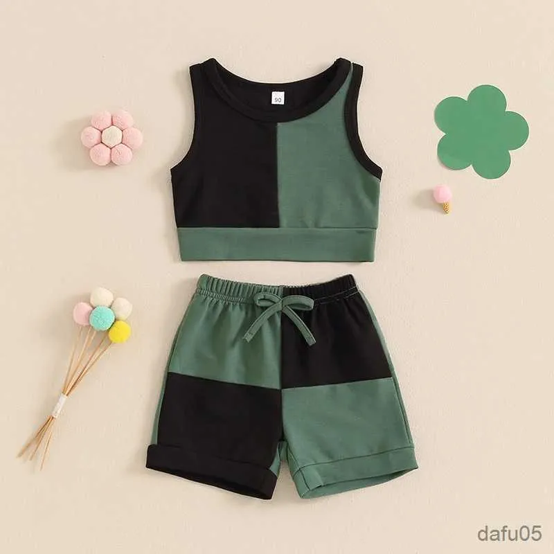 Set di abbigliamento abiti per bambini piccoli per bambine outfit Colori di contrasto Tops e pantaloncini elastici set per bambini abiti per bambini