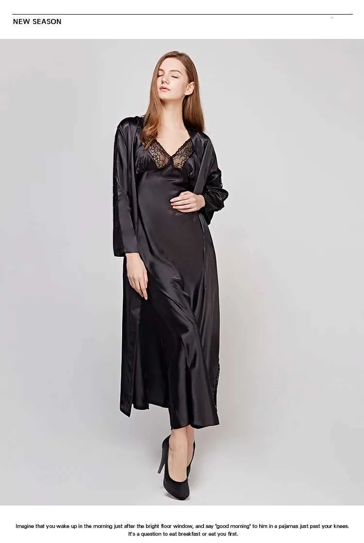 Kvinnors sömnkläder Autumn New Hollow Out Long Section Women Robe Set Lace Sexig Spaghetti Strap Cardigan Twinset Bathrobe Y240426