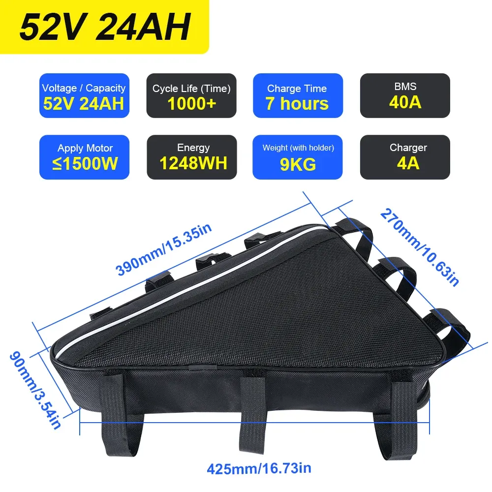 Parte 52V 28Ah Triangle Ebike Battery 1800W 1500W Batteria per biciclette elettriche 36V 48 V Batteria ebike batterie al litio da 1000w 18650 cella