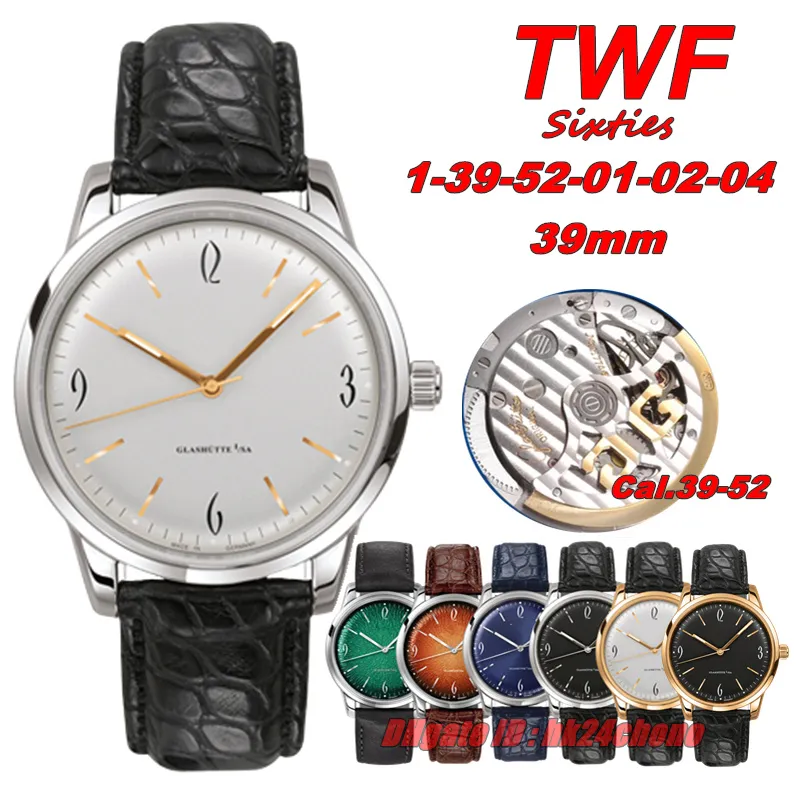 الساعات الفاخرة Twf Tw 39mm Sixties Steel 1-39-52-01-02-04 Cal.39-52 Mens Mens Watch Sipphire Silver Dial حزام جلدي Lristwatches