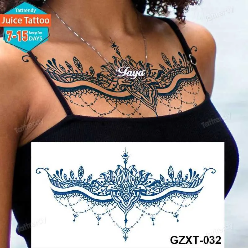Tattoo Transfer large sexy sternum temporary tattoos breast chest body painting natural juice ink long lasting tattoo sticker blue lace jewelry 240427