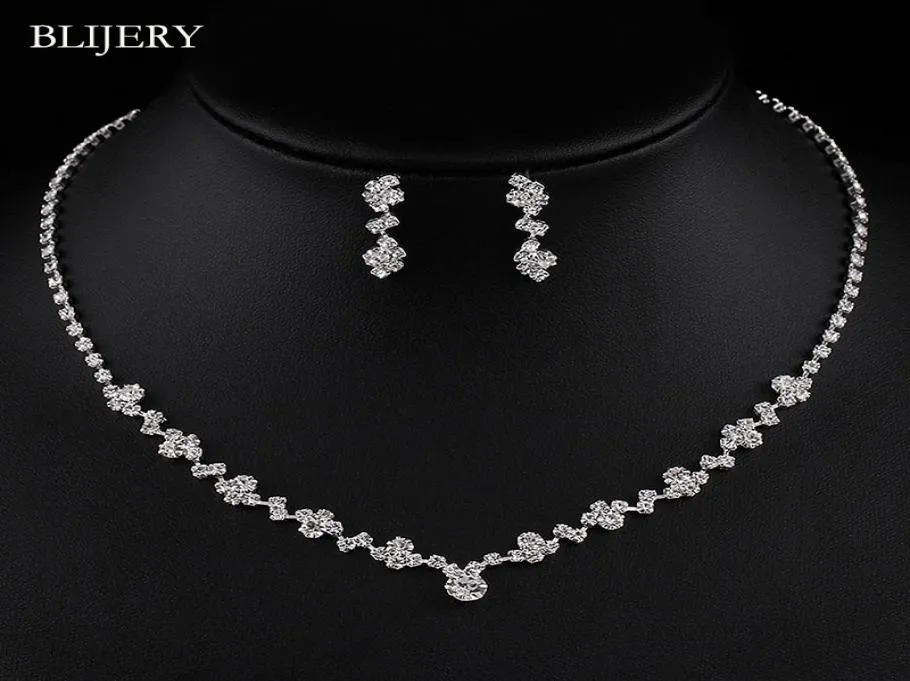 Silver Plated Crystal Bridesmaid Bridal Jewelry Sets Geometric Choker Necklace Earrings for Women Wedding Jewelry Sets7519694