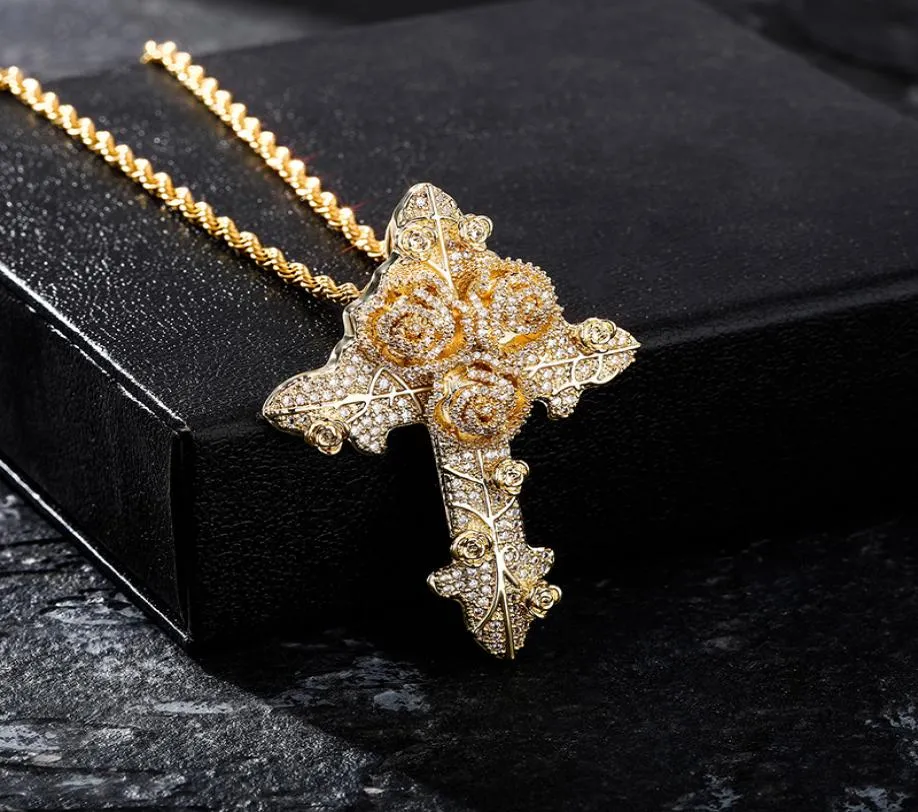 Bling Diamond Stone Rose Flower Cross Pendants Halsband smycken Real 14K Gold Plated Lover Present Par Religiösa smycken Valentine3511351