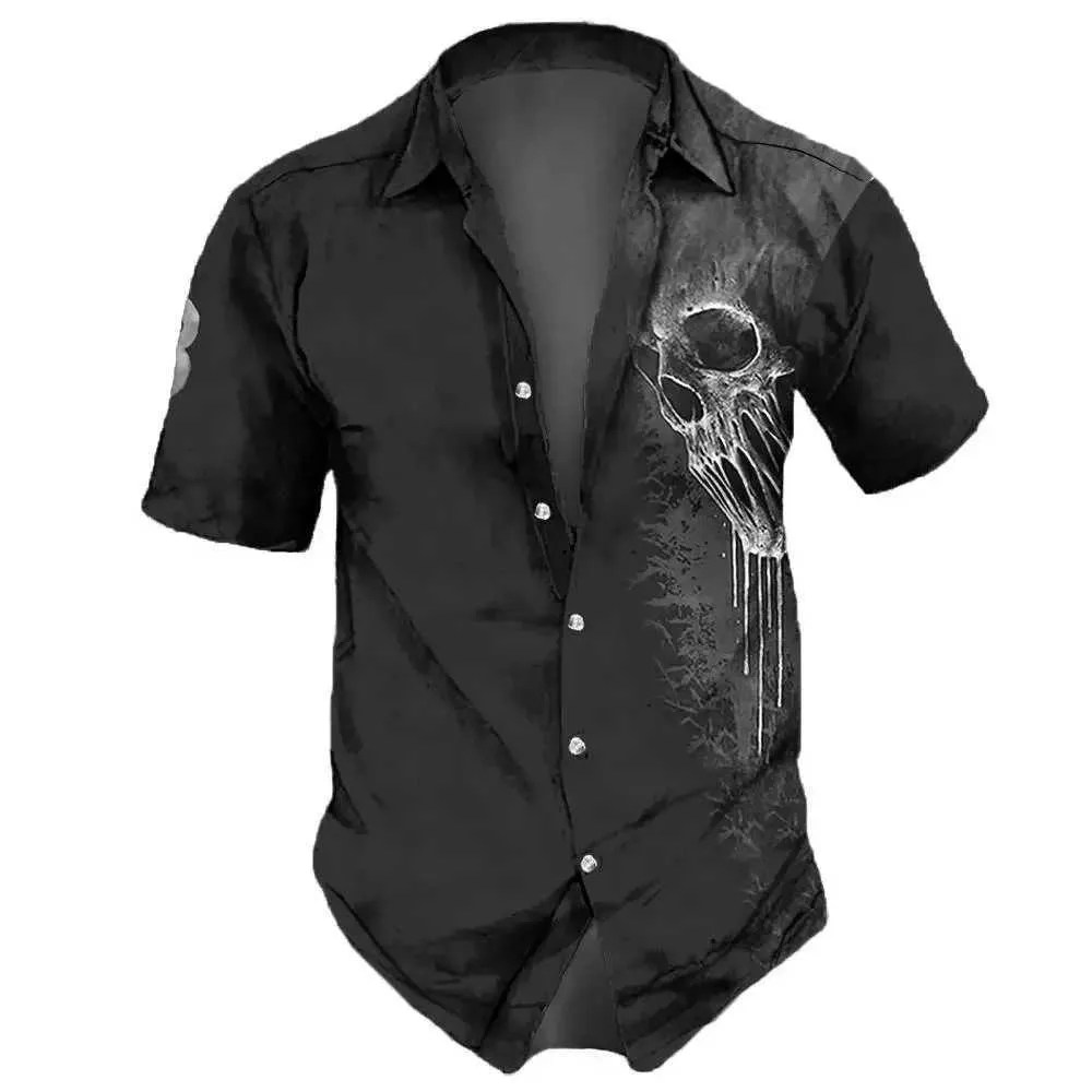 Men's Casual Shirts 2023 Skull Mens Shirts Lapel Streetwear Vintage Shirt For Men Street Hip Hop Short Sleeve Top Party Summer Men Hawaiian Shirts 240424