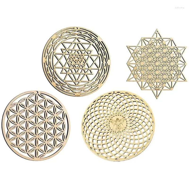 Figurki dekoracyjne 4pcs Sacred Geometry Wall Art Flower of Life Grid Drewniany akcent dekoracja kryształowa rzeźba