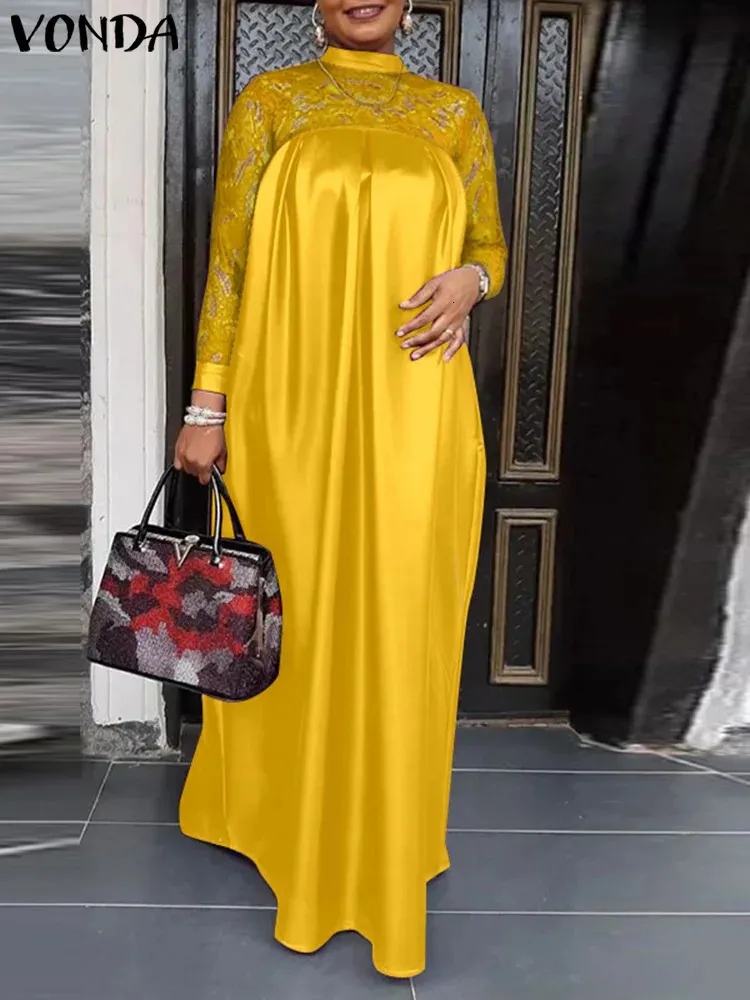 Plus storlek 5xl Vonda Fashion Women Lace Patchwork Maxi Dress Lång ärmstativ Sundress Elegant Casual Satin Robe 240419