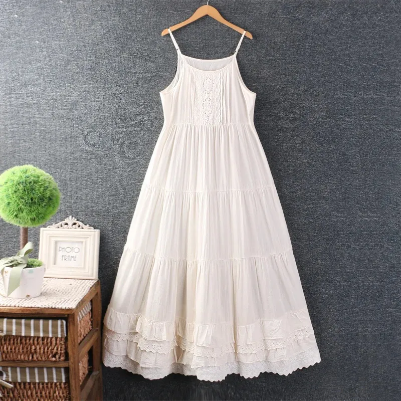 Summer Dress Embroidery White Cotton And Linen Shoulder-straps Midi Women 240418