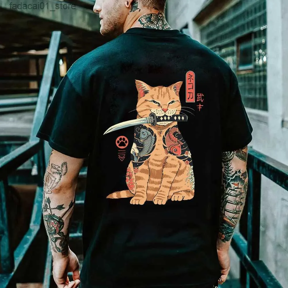 T-shirts masculins dessin animé anime samurai chat imprimé T-shirt pour hommes en plein air hip hop harajuku vintage vêtements décontractés o coude lâche à manches courtes Q240426
