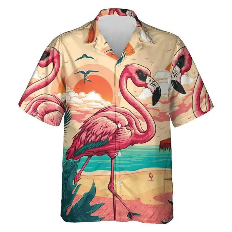 Men's Casual Shirts Hip Hop Hawaiian Flamingo 3D Printed Beach Shirts Aloha Animal Short Sleeve Vacation Women Lapel Blouse Fashion Button Y2k Tops 240424