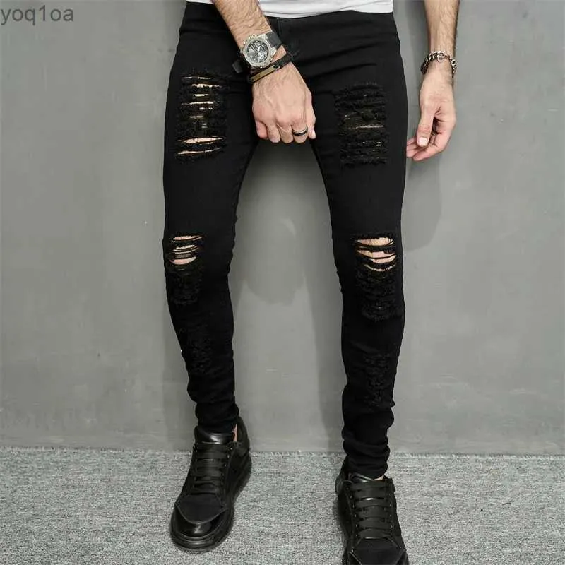 Mäns jeans streetwear mens fashionabla hål svart tight jeans mens vår jogging casual blyertspenna denim byxor mens trussl2404