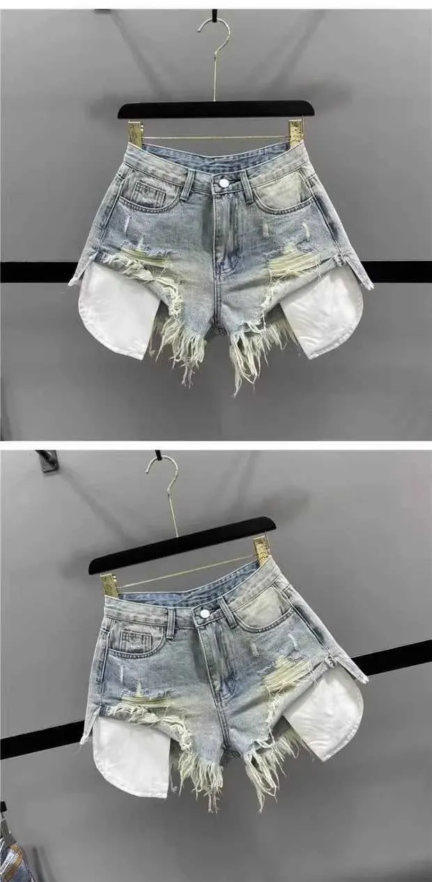 Women's Shorts Korean Vintage Blue Sexy Ripped Jeans for Women Patchwork A-line High-waisted Denim Ultra Shorts Y240425