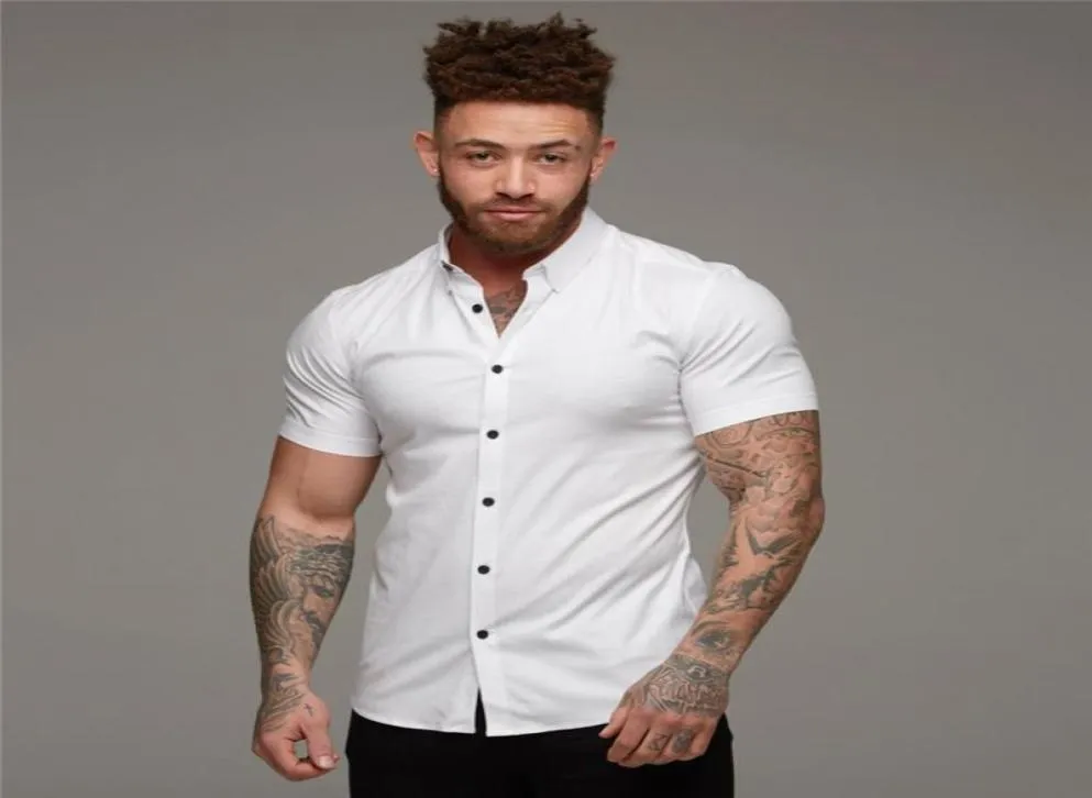 Camisa de camisa de corrida de verão Moda de manga curta Men Super Slim Fit Male Business Dress Men Gym Fitness Sport Clothing9500439