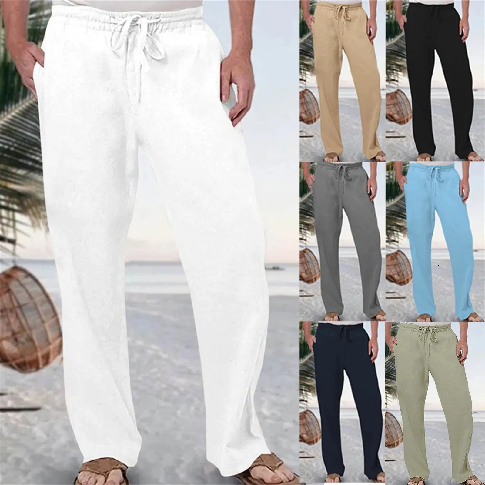 Calça de linho de algodão mensal Longo de linho de linho respirável de cor sólido verão calças de cintura elástica casual masculino Harajuku calça 240423