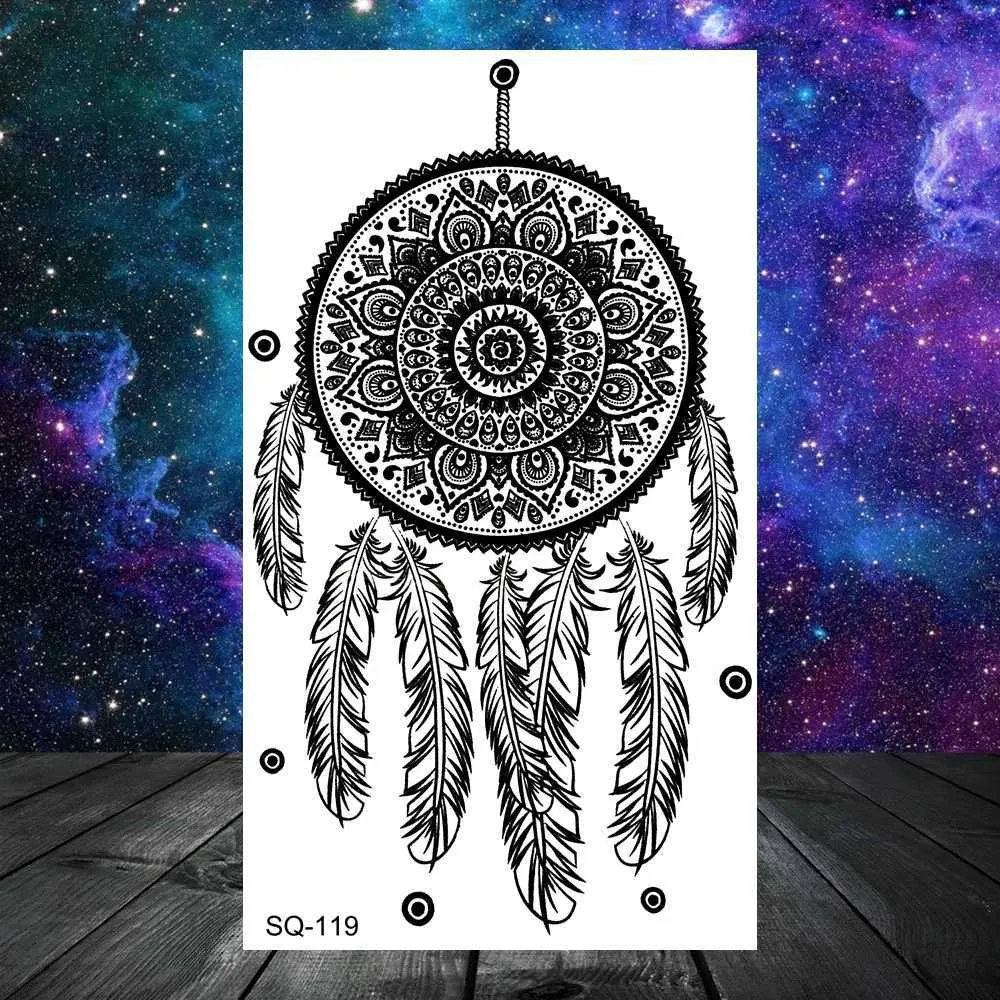 TATTOO TRASFERIMENTO MANDALA NERA DREAM Catcher Tatuaggi temporanei donne Girls CORCHI FARCHIO TATOO FEATURE FINORE REAListica Tatuaggio FALSO PICCOLO AVOLO 240427