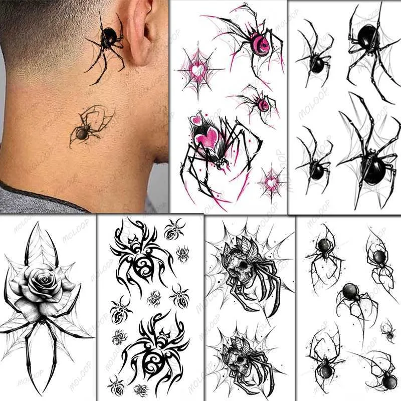 Dövme Transfer Su geçirmez Geçici Dövme Sticker Örümcek Kuş Kedi Kedi Scorpion Sahte Dövme Flash Flash Tatoo Kol Göğüs Boyun Kadınlar Erkekler Vücut Sanatı 240426