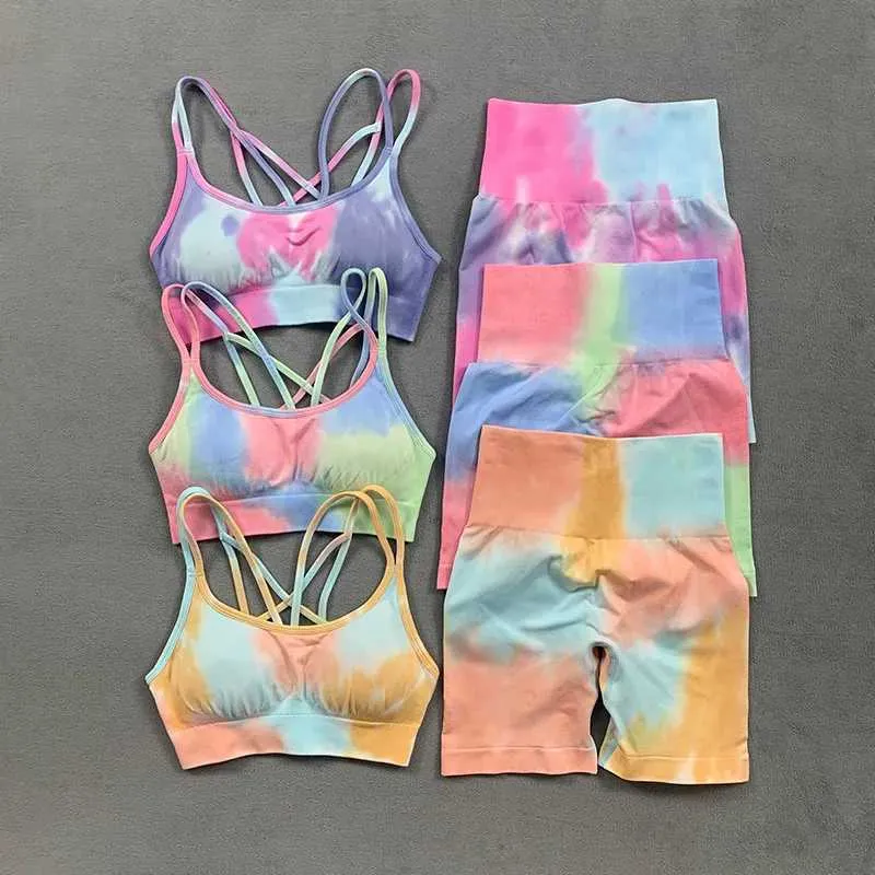 Women's Tracksuits Tie dye two-piece yoga set summer high waisted elastic gym shorts seamless mat yoga bra sportswear for women 240424