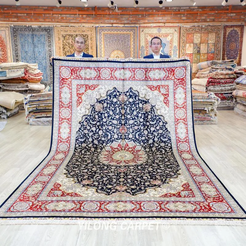 Carpets 7'x10 'Handmade Qum Hand Nouted Persian Floral Blue Silk tapis (TJ564A)