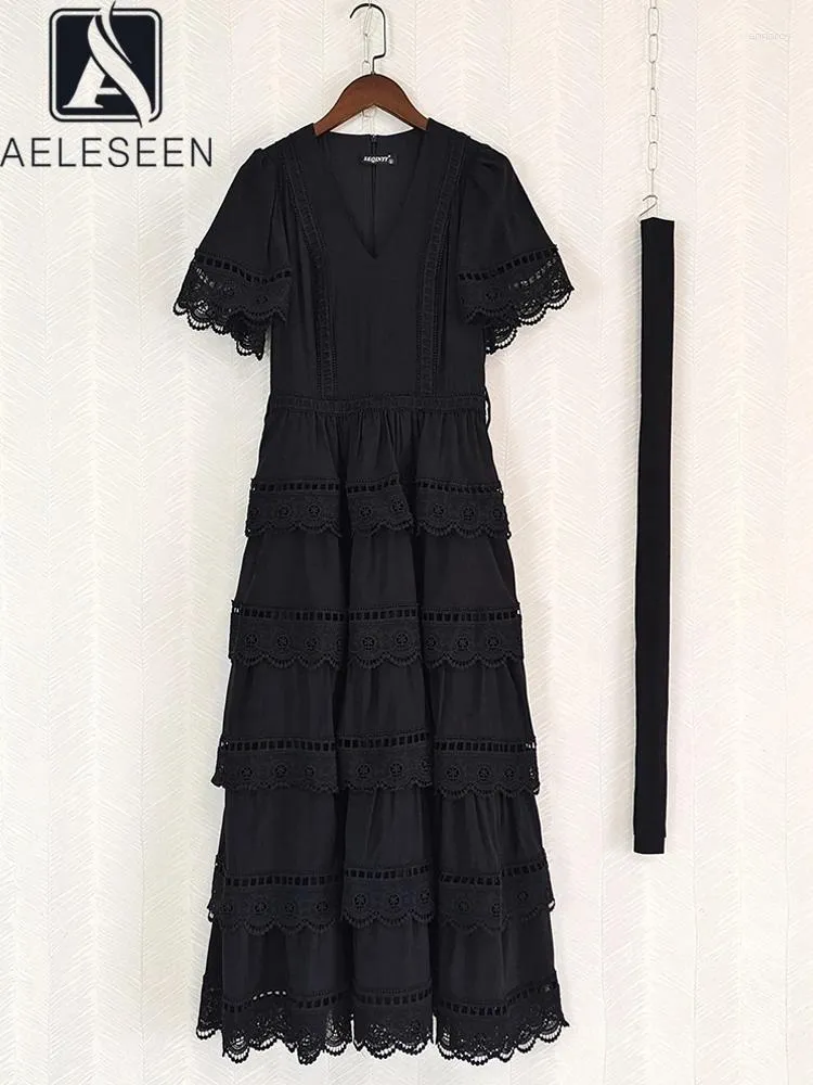 Vestidos de festa Aleseen Runway Fashion Cotton Dress Women Summer Summer V Glare Sleeve Hollow Out Ruffles Belt Black Branco Elegante Longo