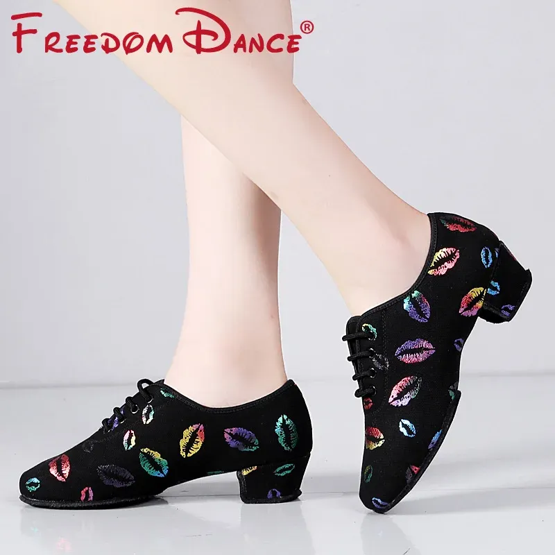 Botas novos tênis sapatos latinos sapatos de professora de professora 5 cm de salto colorido lábios oxford pano renda up ballroom salsa sapato de dança garotas