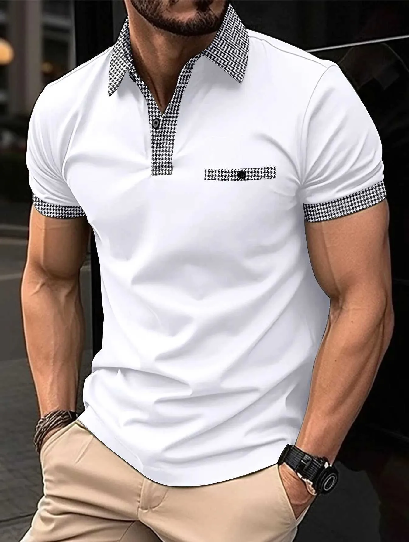 T-shirt maschile 2023 Summer New Mens Casual Shorte Shorted Shirt Office Fashion Flip Collar T-Shirt Mens Polo traspirante Abbigliamento da uomo J240426