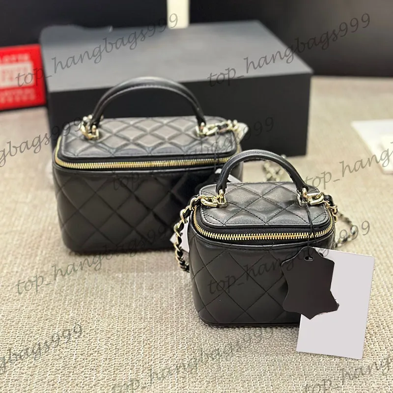 Black Lambskin Makeup Vanity Box Bags With Mirror Latest Designer Card Holder Lipsctick Cosmetic Case Quilted Top Leather Hand Gold Chain Crossbody Purse 10cm 18cm