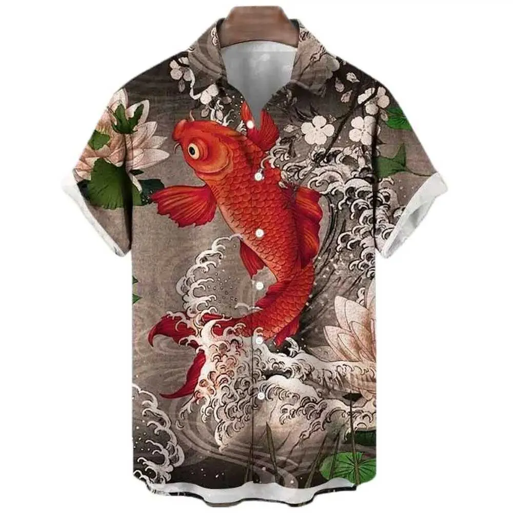 Camicie casual maschile koi stampato camicie estive da uomo abbottonate fortunato camicie da spiaggia hawaian harajuku moda oversize unisex vestiti unisex 240424