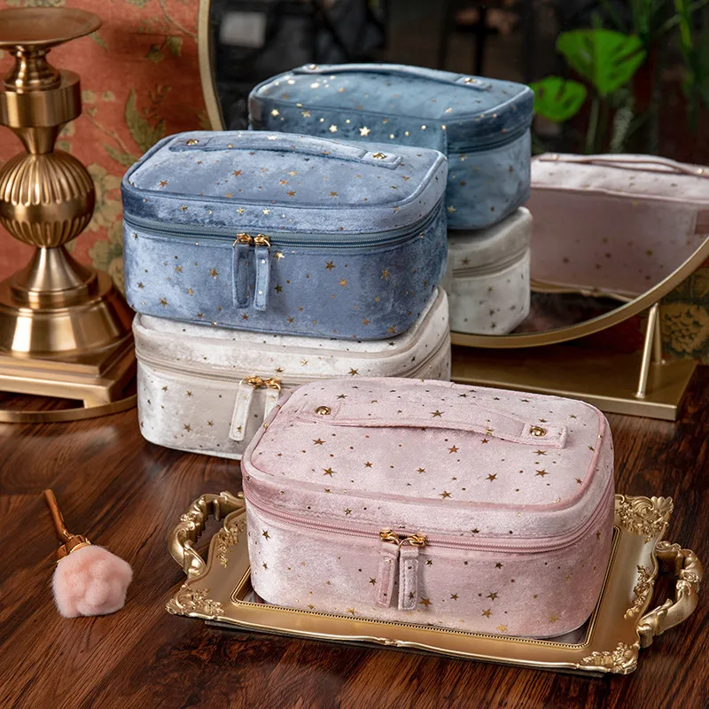 Velvet Starry Sky Cosmetic Bag, klassisk europeisk stil med stor kapacitet toalettväska, rese bärbar förvaringsväska, tvåvägs blixtlås