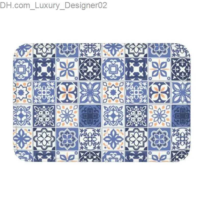 Carpet Customized blue Portuguese ceramic tile doormat non slip welcome kitchen floor Azulejo floral garden carpet mat Portugal Q240426