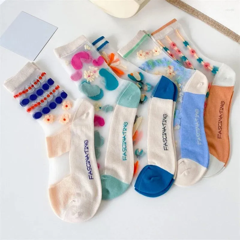 Women Socks Fashion Japanese Style Spring Summer Long Ladies Transparent Middle Tube Sweet Girls Flower Kawaii