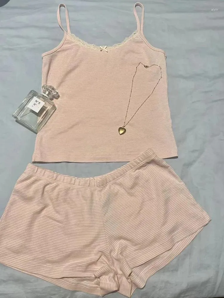 Réservoirs pour femmes shorts de gilet en dentelle à rayures roses 2 pièces Set Femmes mignon arc coton débardeur mince avec taille haute élastique