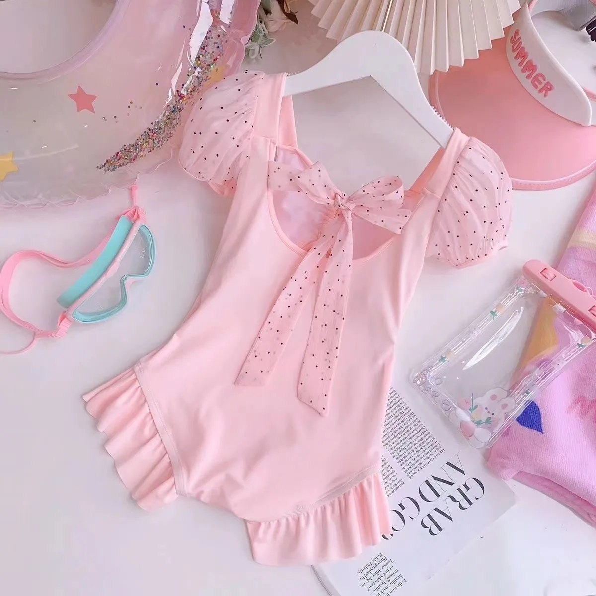 Girls one-piece swimsuits children polka dots puff sleeve princess Swimwear Kids pearls Bows beach bathing suits Z7903