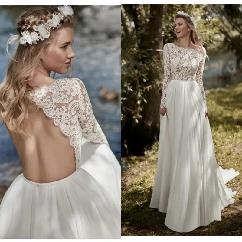 Boho Manches longues une robe de mariée en ligne robe de Mariee vintage en dentelle nouvelle robe nuptiale à manches longues sans arrière